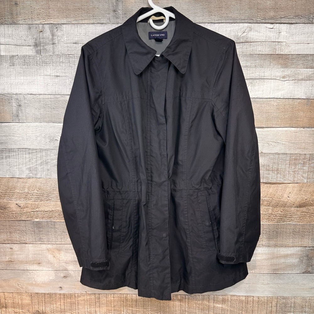 Lands End Womens Black Lightweight Utility Rain Jacket Cinch Waist Size M 10-12
